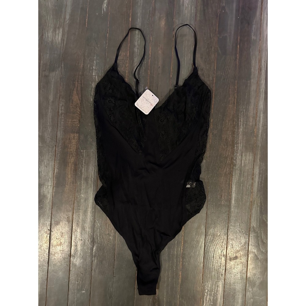 Intimately Free People Black Lace Sheer Mesh Bodysuit Thong Back NWT